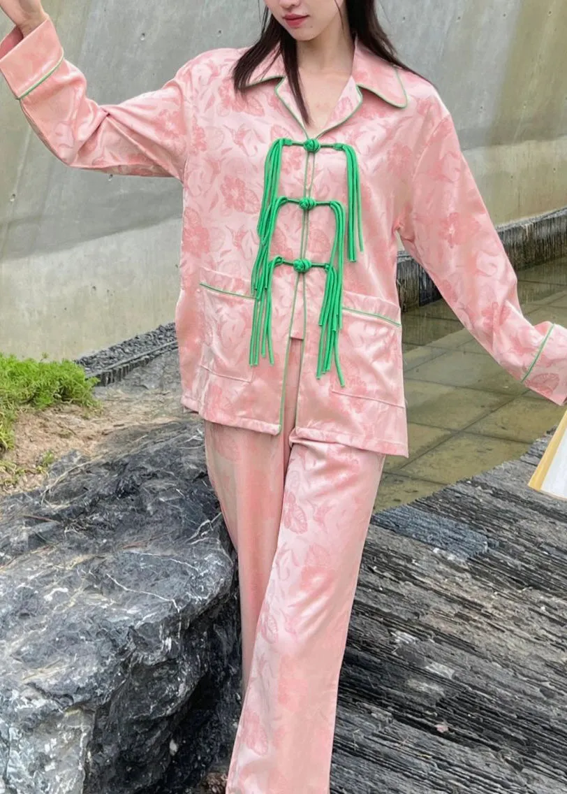Beautiful Pink Peter Pan Collar Print Button Ice Silk Pajamas Two Pieces Set Spring TO1041