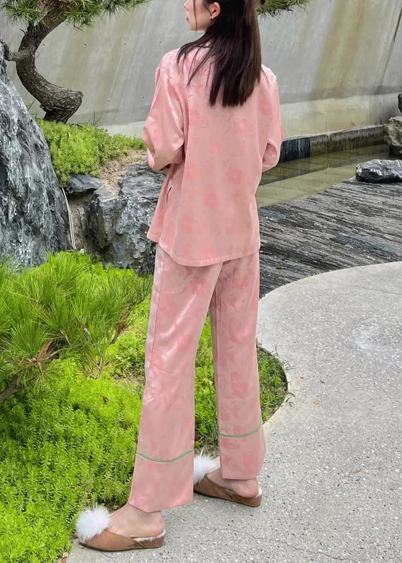 Beautiful Pink Peter Pan Collar Print Button Ice Silk Pajamas Two Pieces Set Spring TO1041