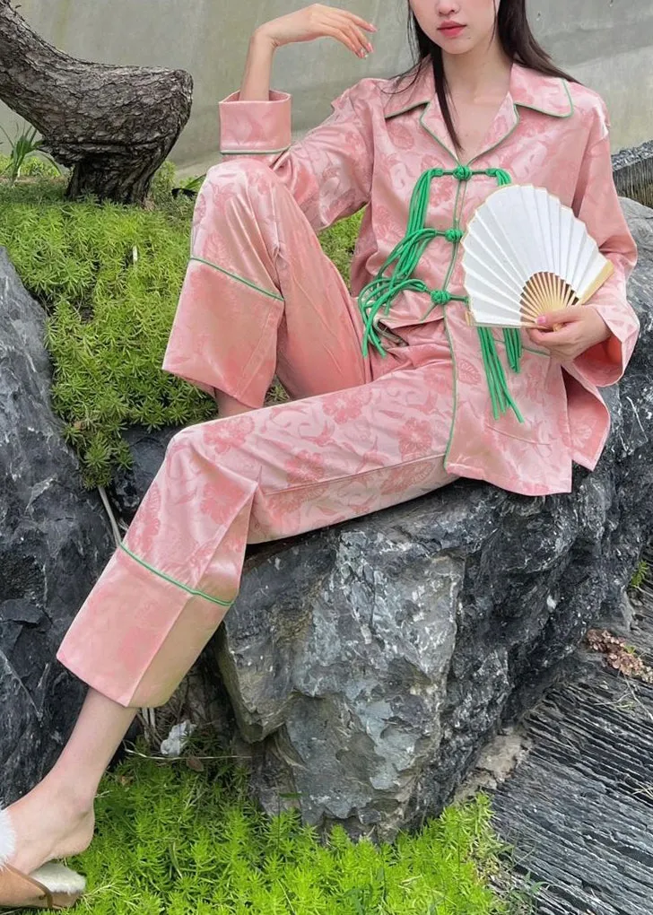 Beautiful Pink Peter Pan Collar Print Button Ice Silk Pajamas Two Pieces Set Spring TO1041