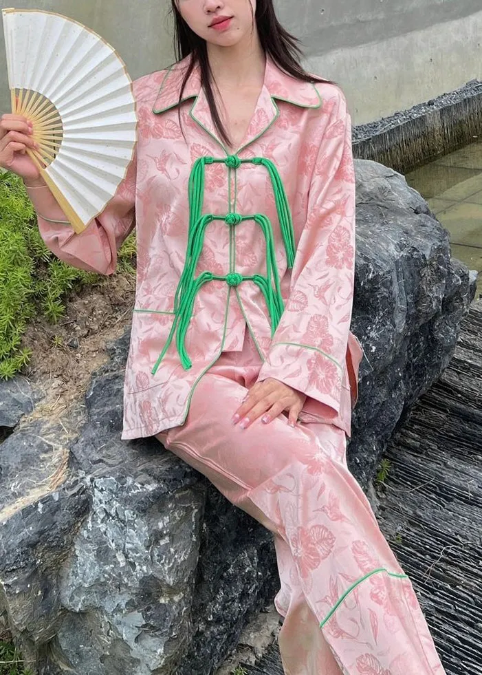 Beautiful Pink Peter Pan Collar Print Button Ice Silk Pajamas Two Pieces Set Spring TO1041