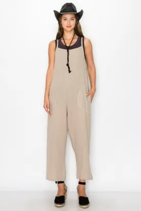 Beige Fluffy Gauze Pocket Jumpsuit