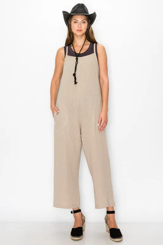Beige Fluffy Gauze Pocket Jumpsuit