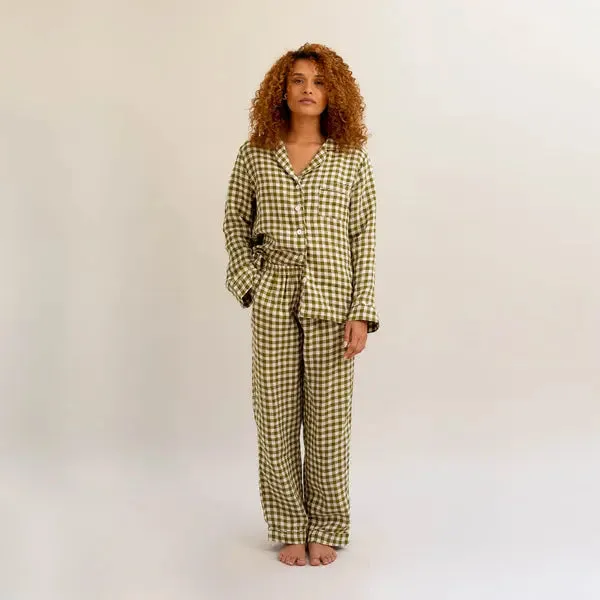 Botanical Green Gingham Linen Pyjama Trouser Set
