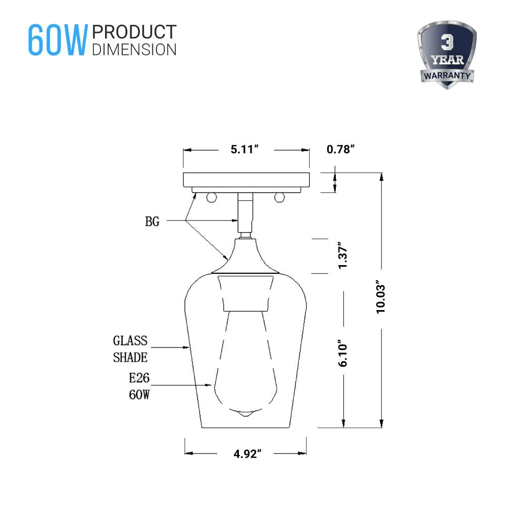 Brass Gold Semi-Flush Mount Light with Bell Shape Clear Glass Shade, E26 Base, Damp Location, Ceiling Mounting, UL Listed