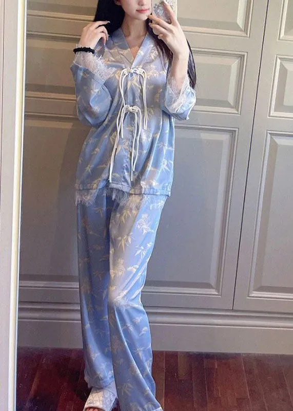 Classy Purple Tasseled Lace Patchwork Ice Silk Two-Piece Set Pajamas Long Sleeve LY2810