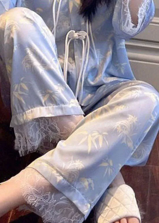 Classy Purple Tasseled Lace Patchwork Ice Silk Two-Piece Set Pajamas Long Sleeve LY2810