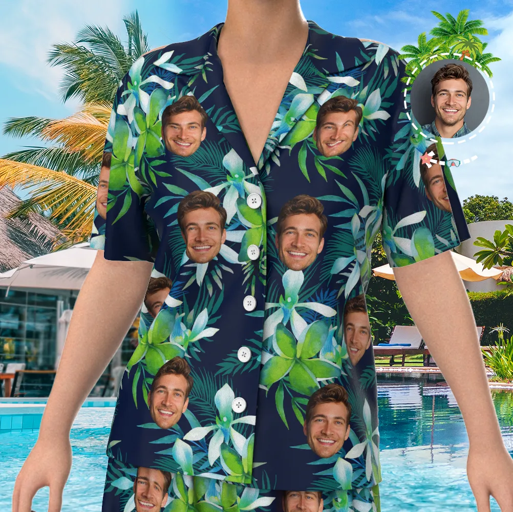 Custom Face On Pajamas, Short Sleeve Sleepwear, Button-Down Nightwear - Leaves