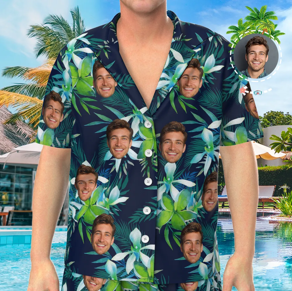Custom Face On Pajamas, Short Sleeve Sleepwear, Button-Down Nightwear - Leaves