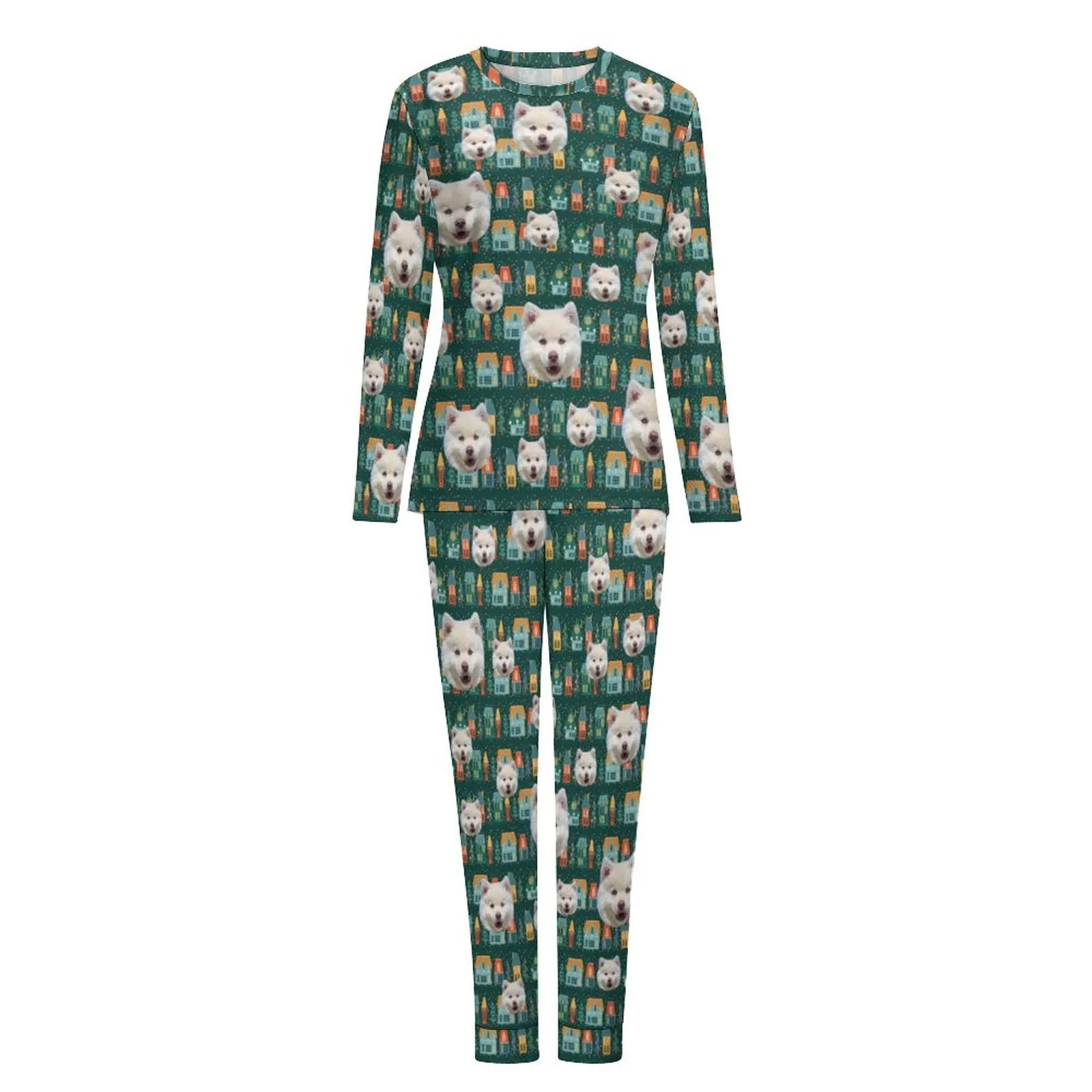 Custom Face Pajamas Pet Green Sleepwear Personalized Women's Crewneck Long Pajamas Set