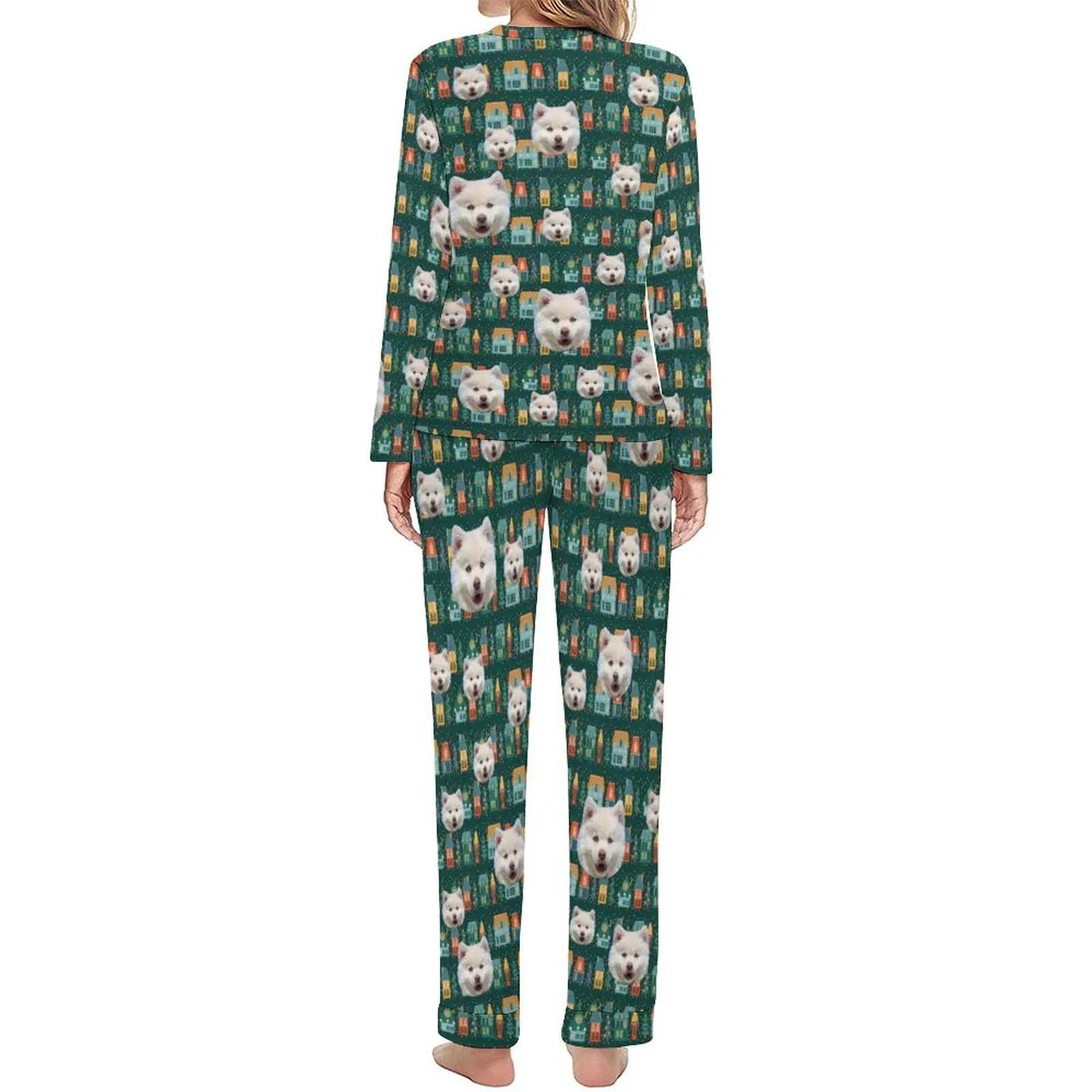 Custom Face Pajamas Pet Green Sleepwear Personalized Women's Crewneck Long Pajamas Set
