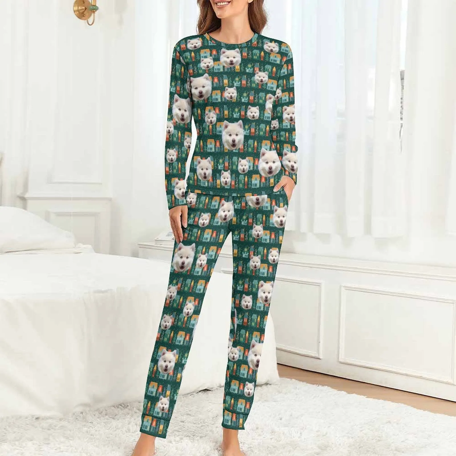 Custom Face Pajamas Pet Green Sleepwear Personalized Women's Crewneck Long Pajamas Set