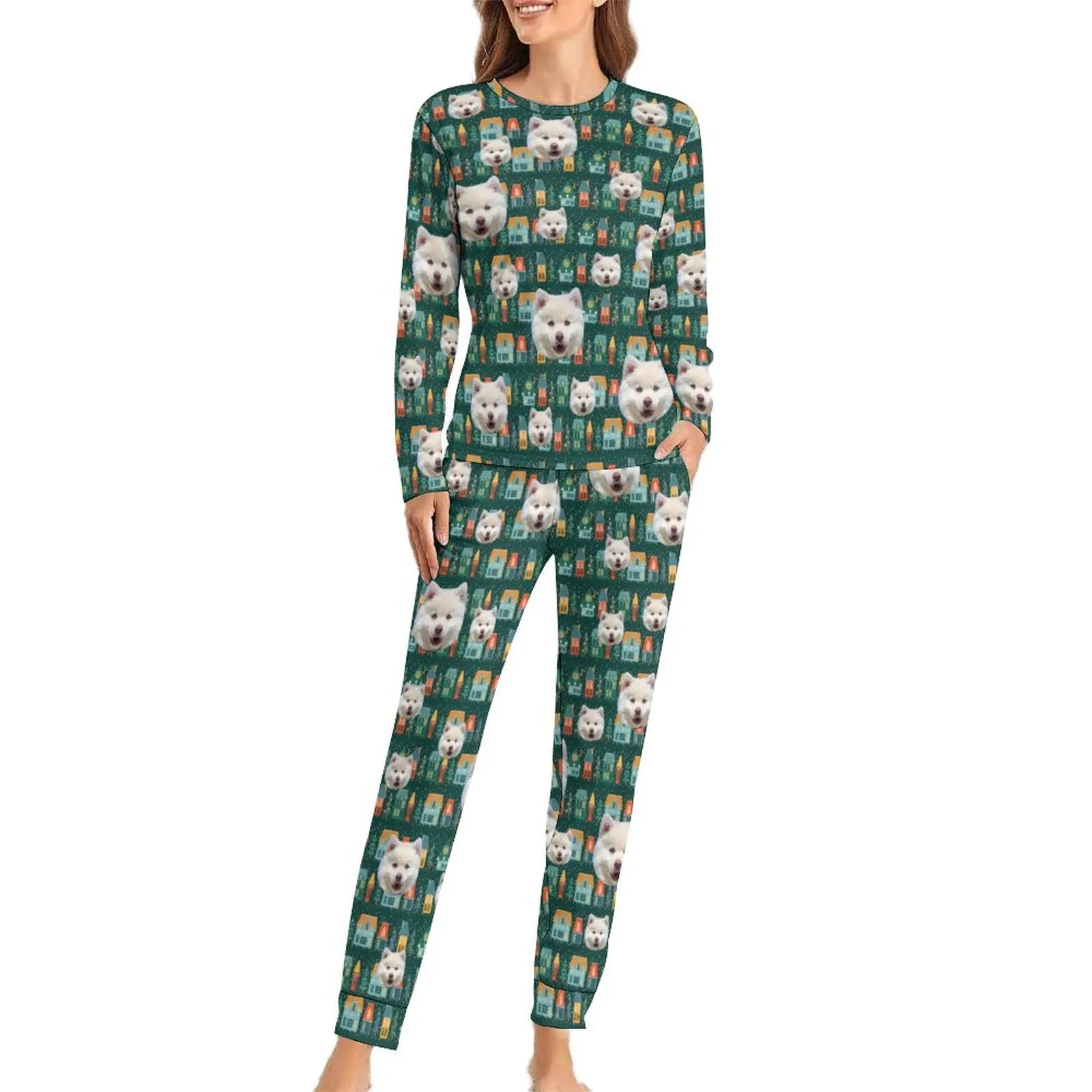 Custom Face Pajamas Pet Green Sleepwear Personalized Women's Crewneck Long Pajamas Set