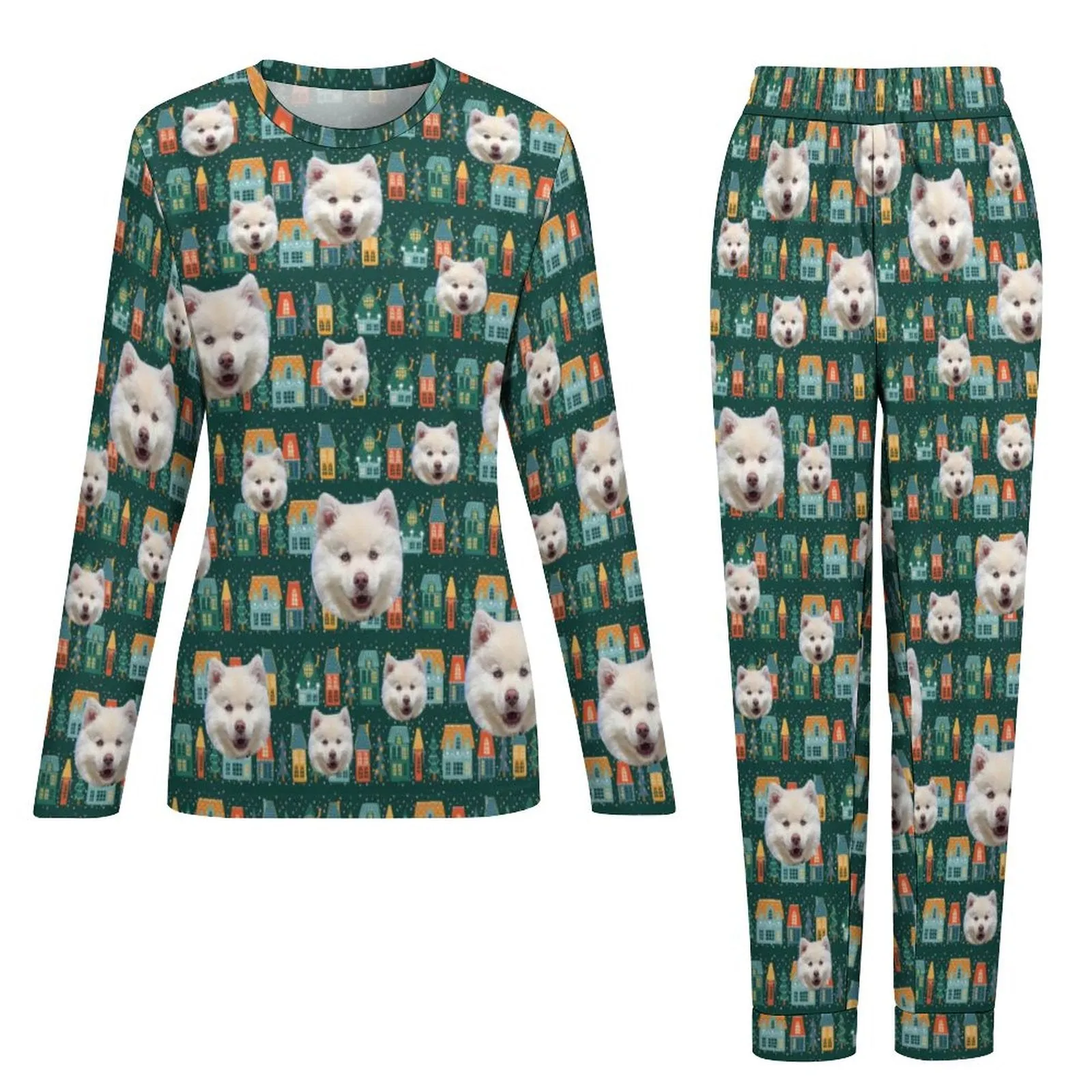 Custom Face Pajamas Pet Green Sleepwear Personalized Women's Crewneck Long Pajamas Set