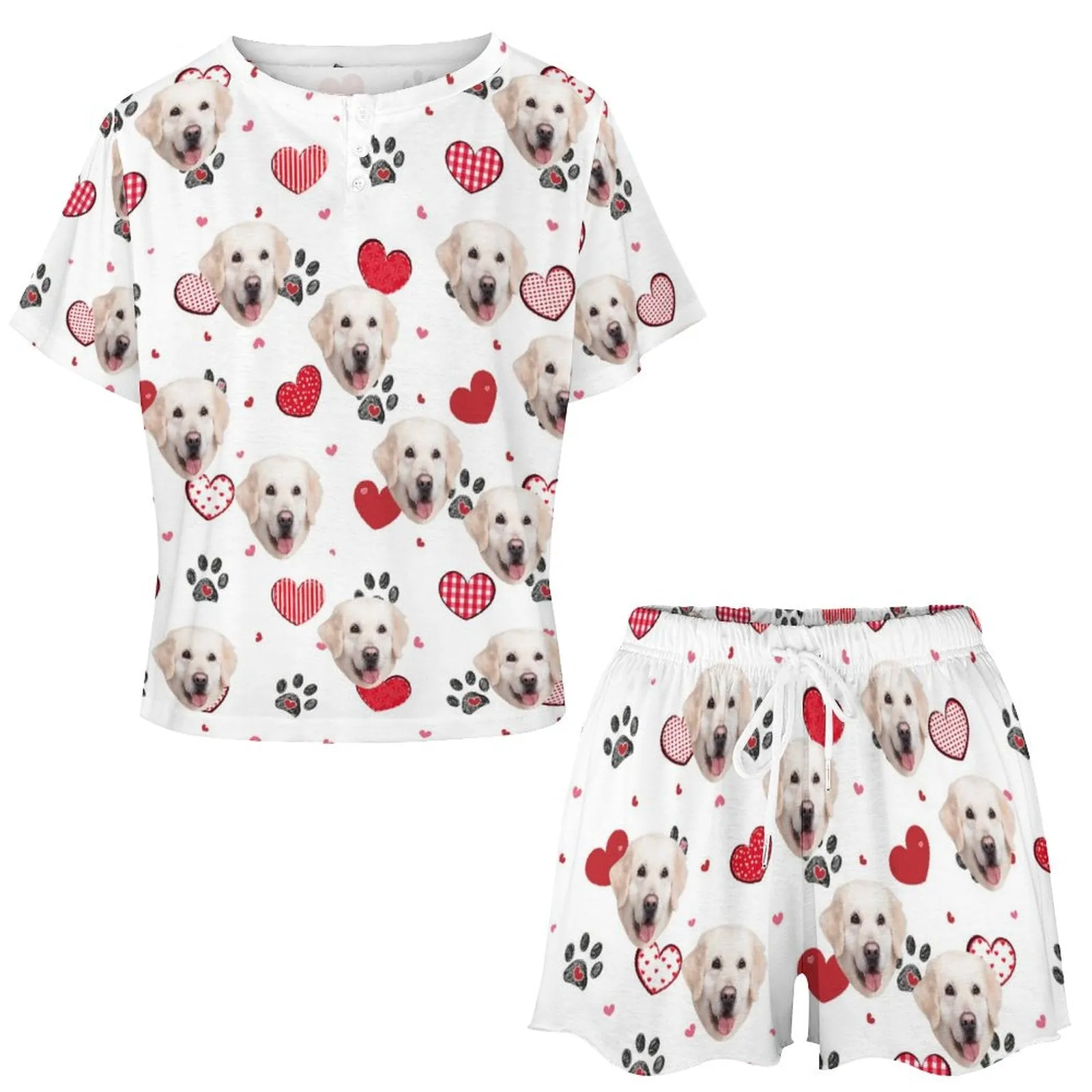 Custom Face  Various Love Heart Print Pajama Set Women's Short Sleeve Top and Shorts Loungewear Athletic Tracksuits
