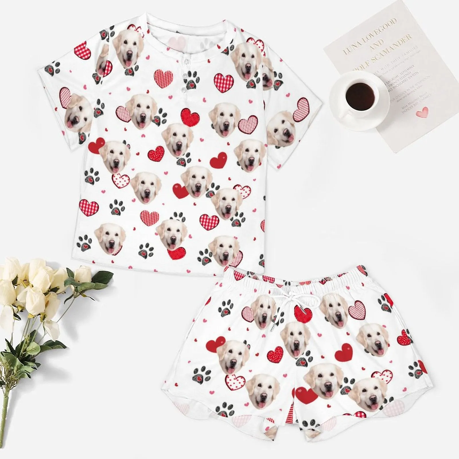 Custom Face  Various Love Heart Print Pajama Set Women's Short Sleeve Top and Shorts Loungewear Athletic Tracksuits