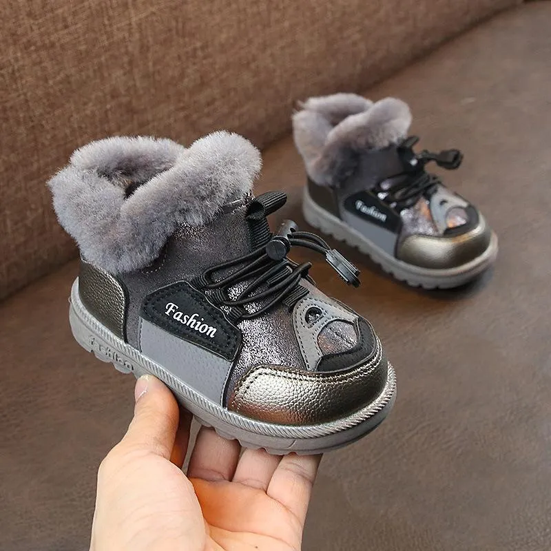 Gray Fur Lace Up Velcro Shoes