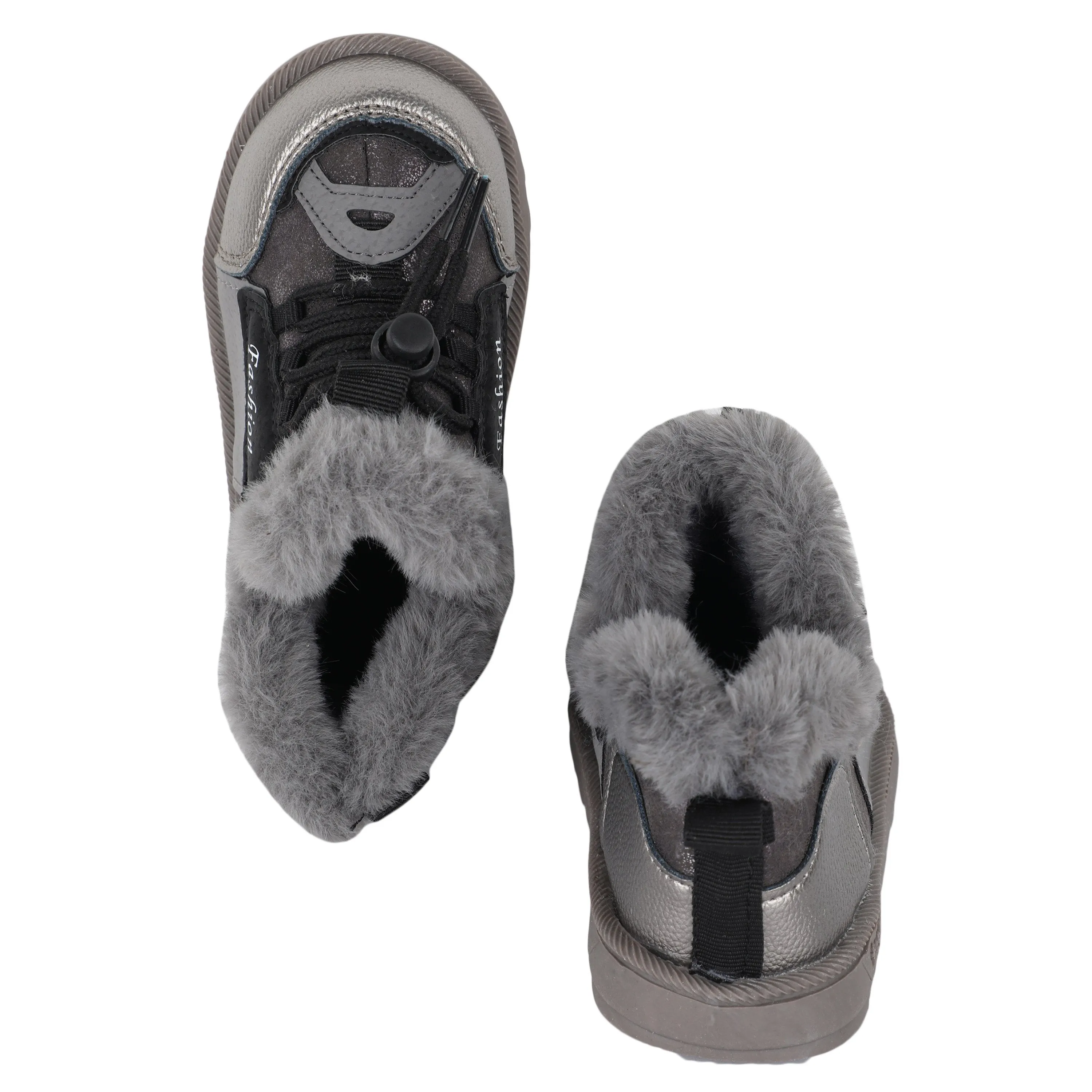 Gray Fur Lace Up Velcro Shoes