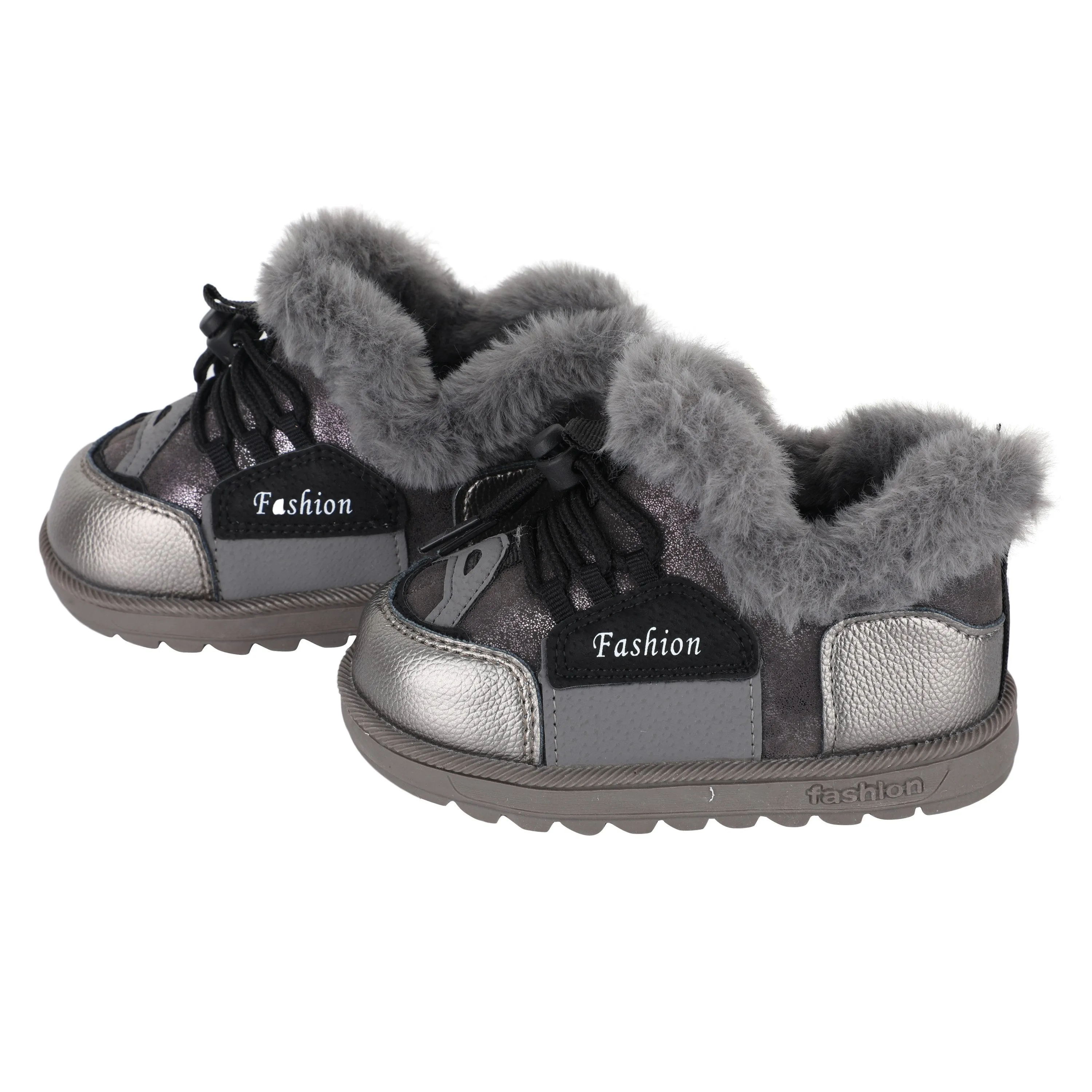 Gray Fur Lace Up Velcro Shoes