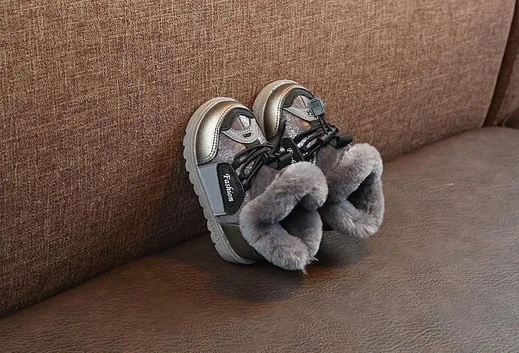Gray Fur Lace Up Velcro Shoes