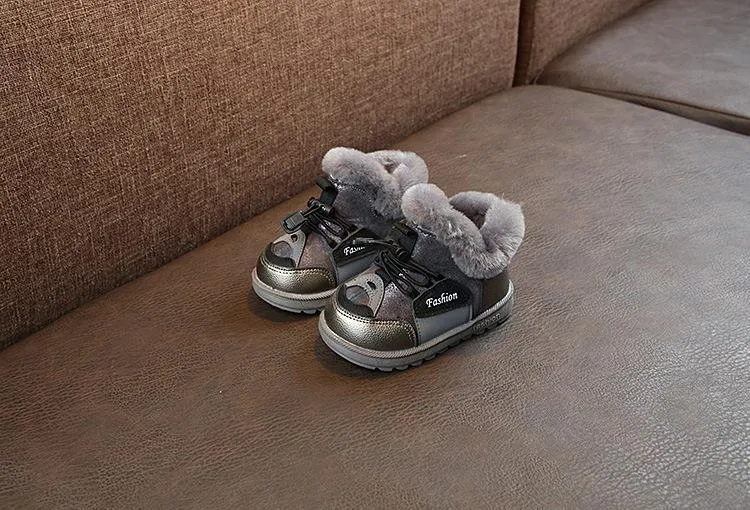 Gray Fur Lace Up Velcro Shoes