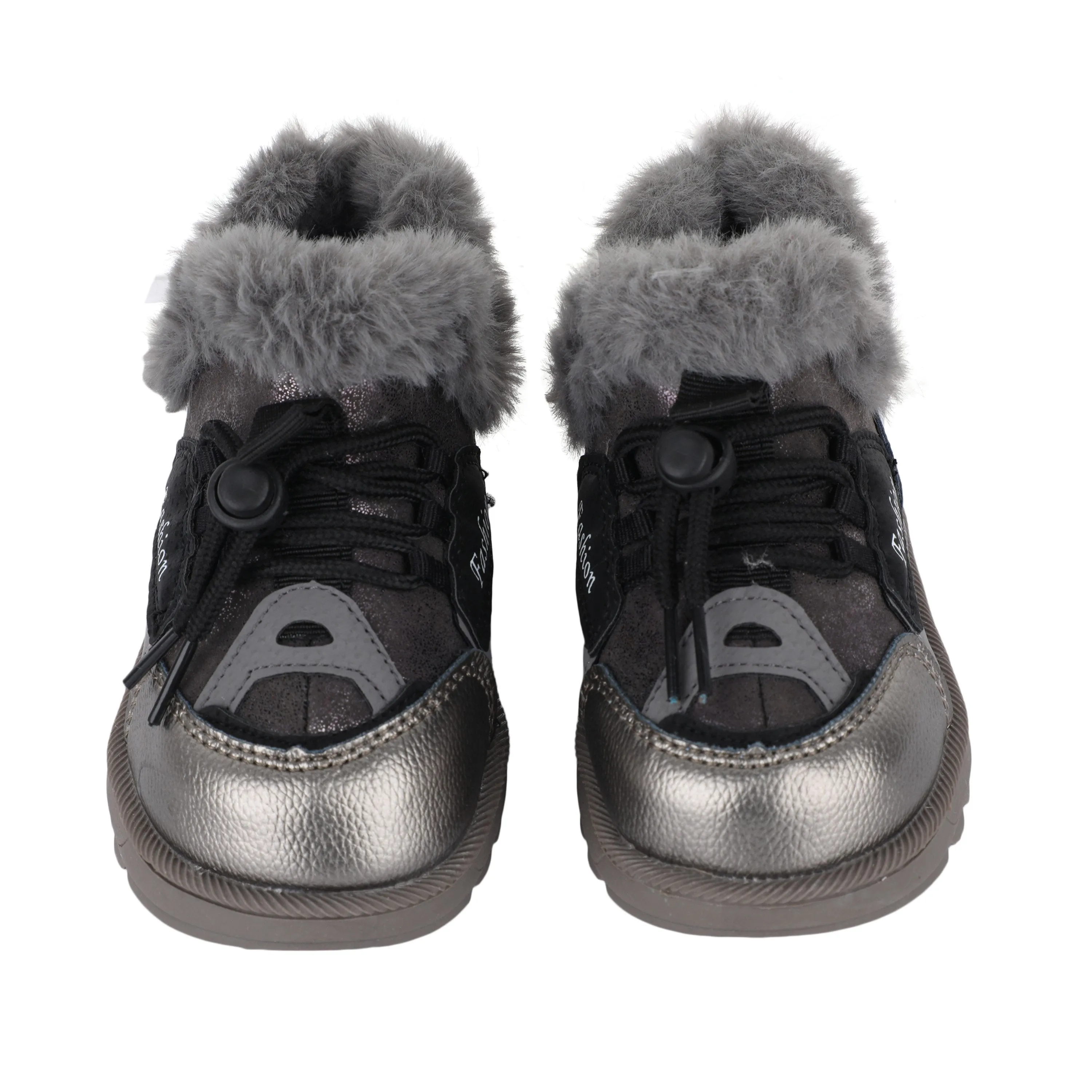 Gray Fur Lace Up Velcro Shoes