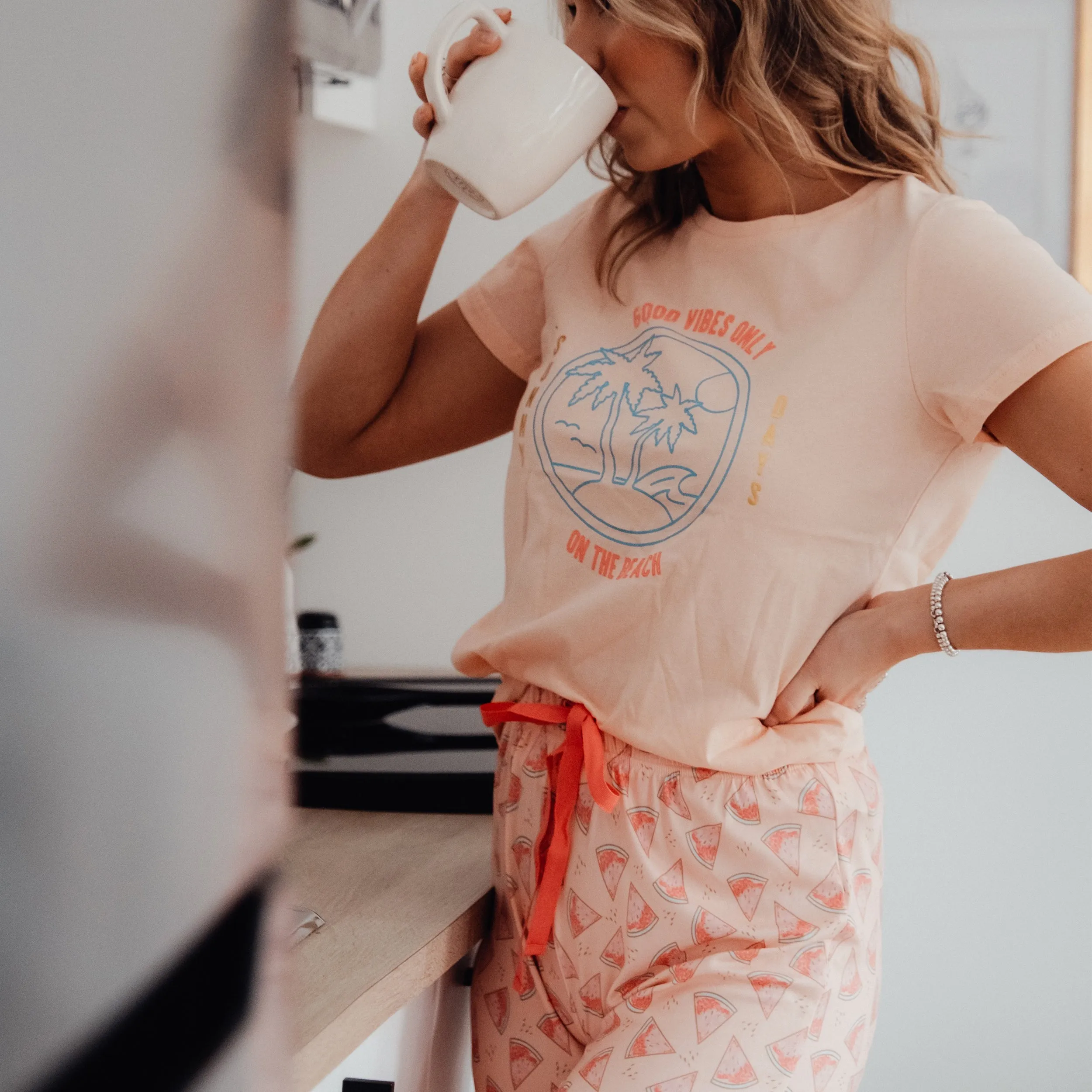 Ladies' 2-PC- Peach- Peach AOP  Pajama Set