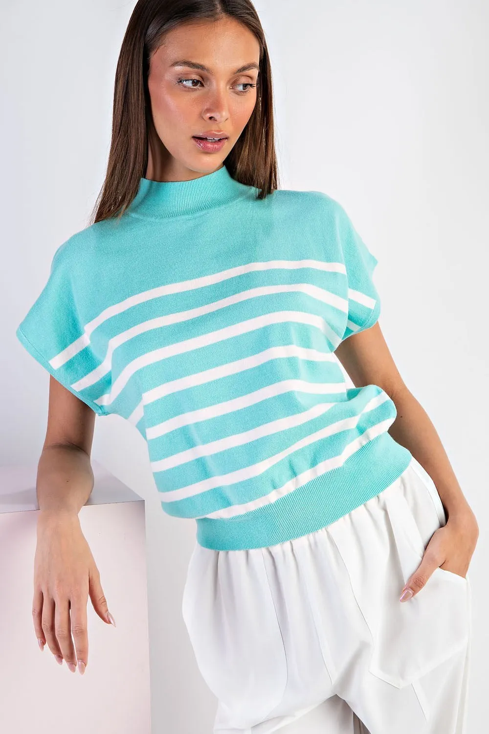 Mock Neck Short Sleeve Striped Top