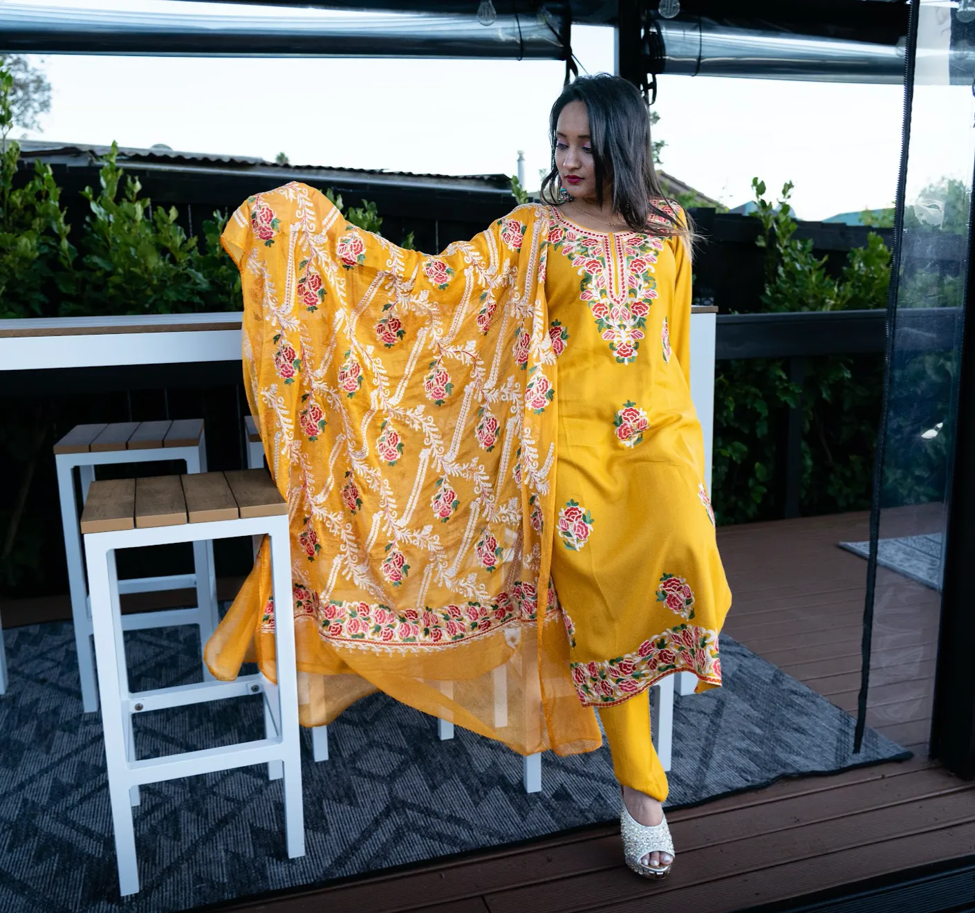 Mustard Embroidered Aari Work Kurta Pant Set-Rayon