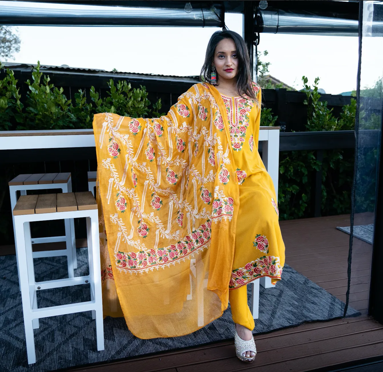 Mustard Embroidered Aari Work Kurta Pant Set-Rayon