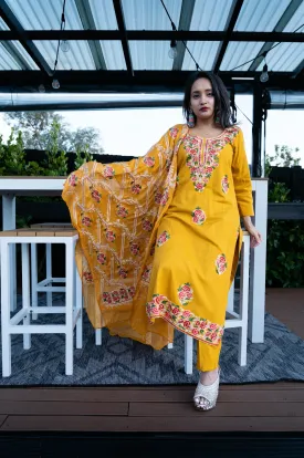 Mustard Embroidered Aari Work Kurta Pant Set-Rayon