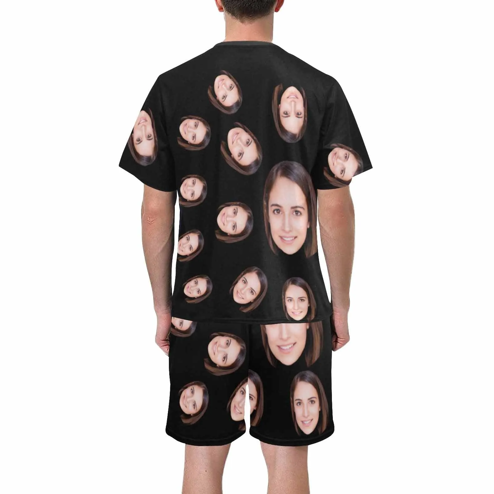 Personalized Pajamas Black with Girlfriend Face Men's Sleepwear Custom Men's Crew Neck Short Sleeve Pajama Set