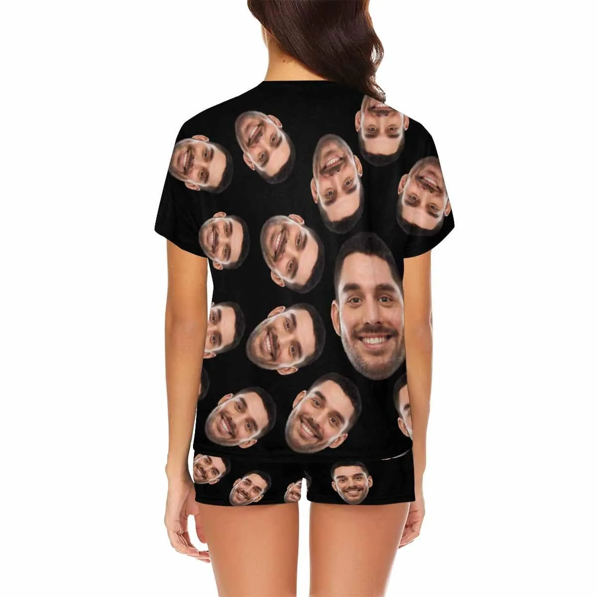 Personalized Pajamas Black with Girlfriend Face Men's Sleepwear Custom Men's Crew Neck Short Sleeve Pajama Set