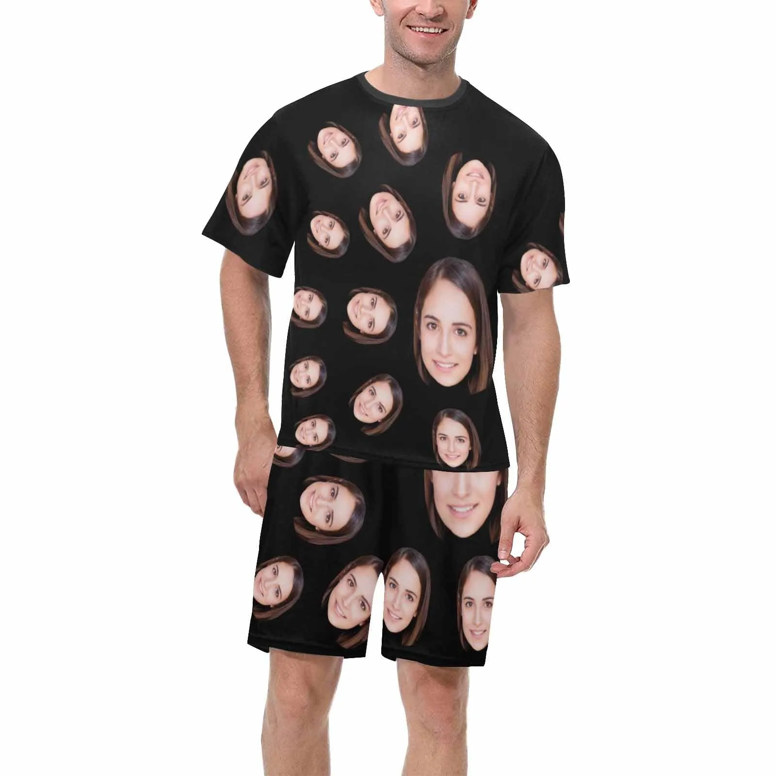Personalized Pajamas Black with Girlfriend Face Men's Sleepwear Custom Men's Crew Neck Short Sleeve Pajama Set