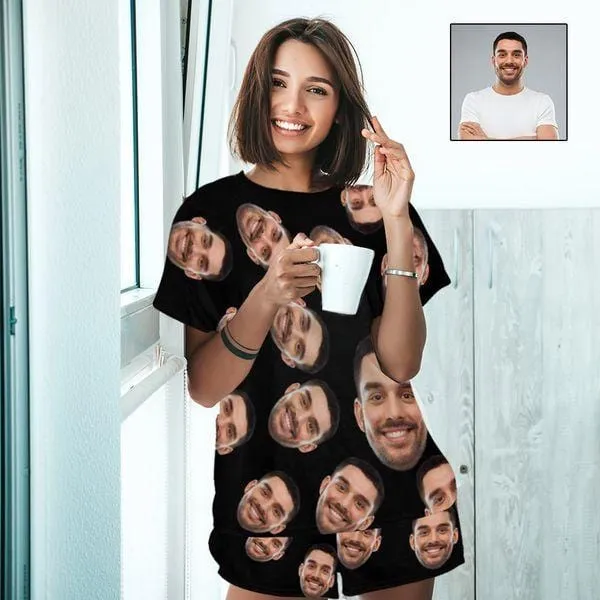 Personalized Pajamas Black with Girlfriend Face Men's Sleepwear Custom Men's Crew Neck Short Sleeve Pajama Set