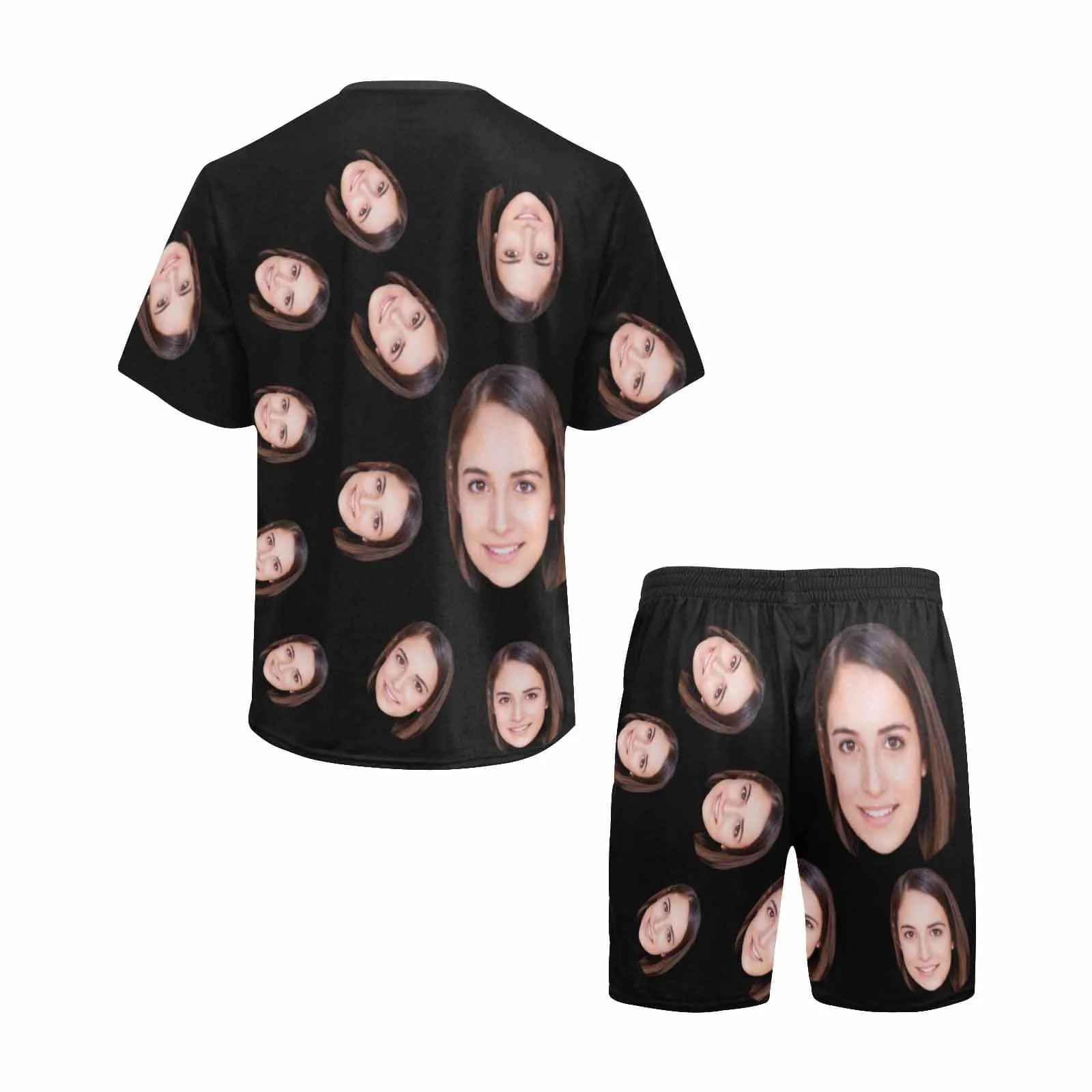 Personalized Pajamas Black with Girlfriend Face Men's Sleepwear Custom Men's Crew Neck Short Sleeve Pajama Set
