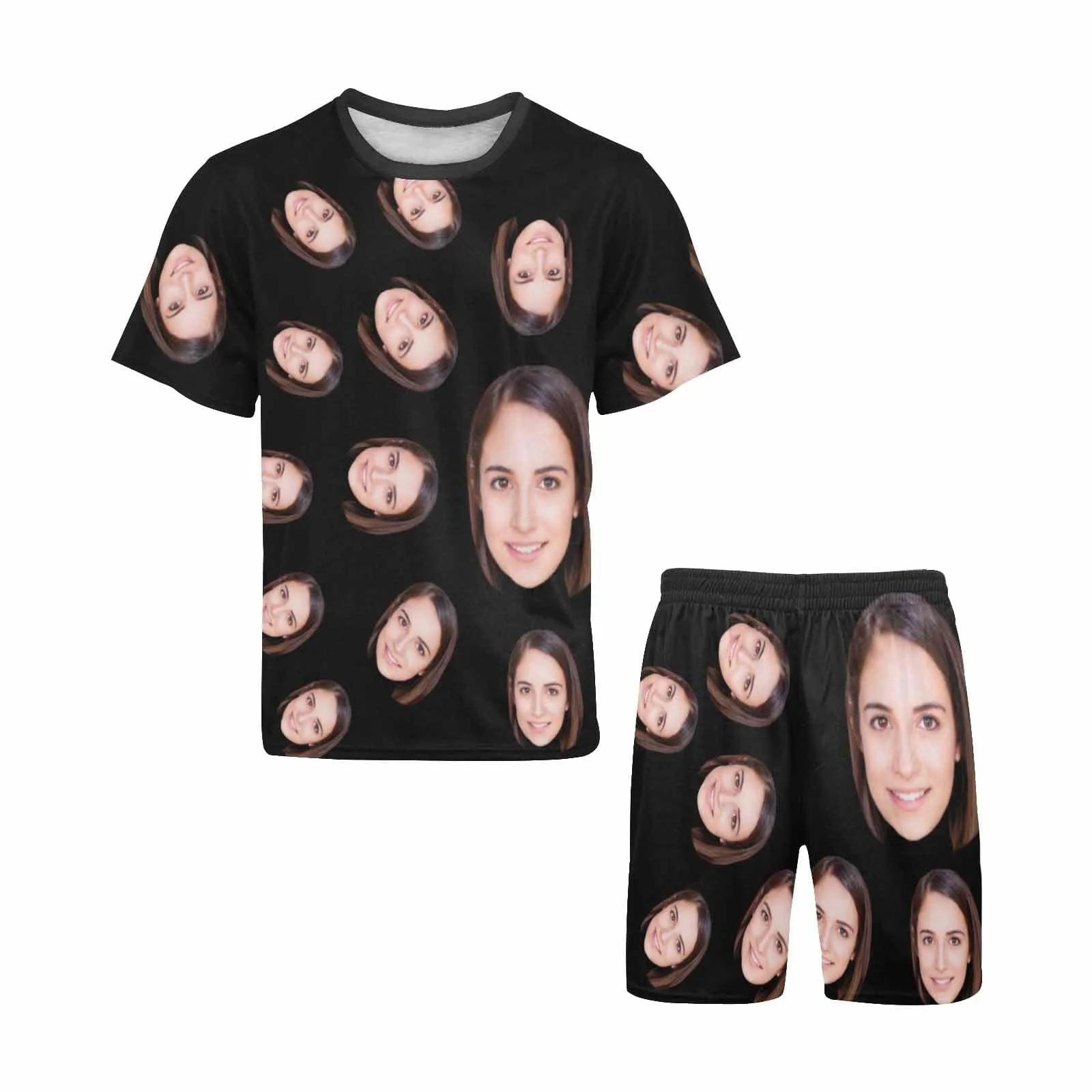 Personalized Pajamas Black with Girlfriend Face Men's Sleepwear Custom Men's Crew Neck Short Sleeve Pajama Set