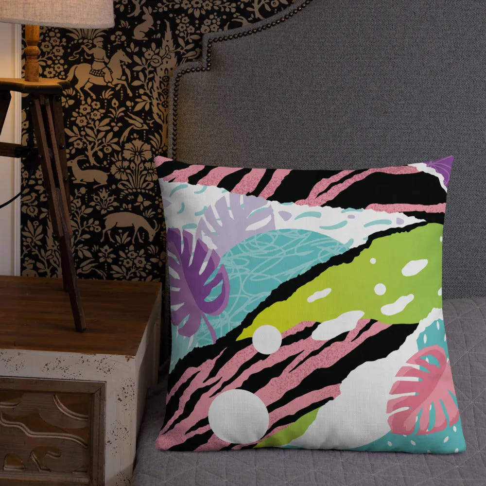 Premium Pillow abstract jungle pattern, pink, white, blue, green, black, purple pattern, multiple sizes