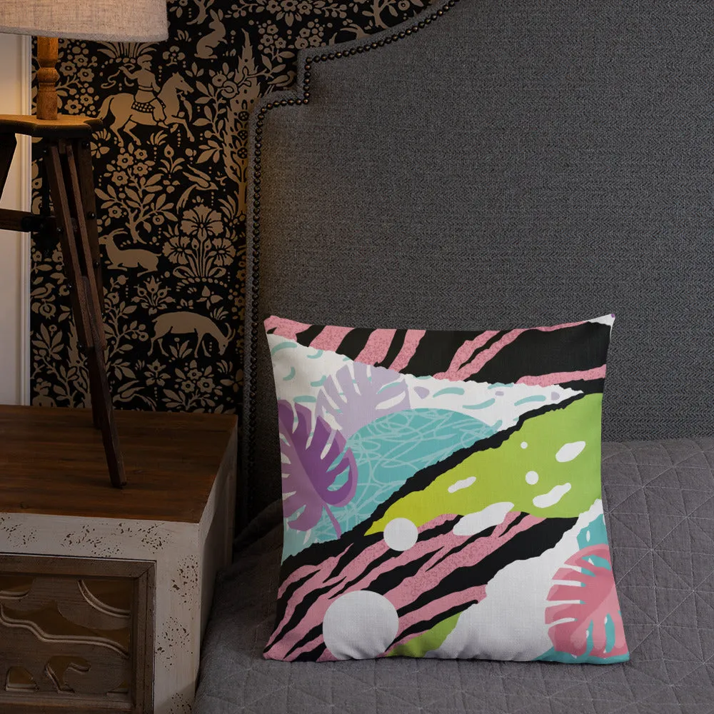 Premium Pillow abstract jungle pattern, pink, white, blue, green, black, purple pattern, multiple sizes