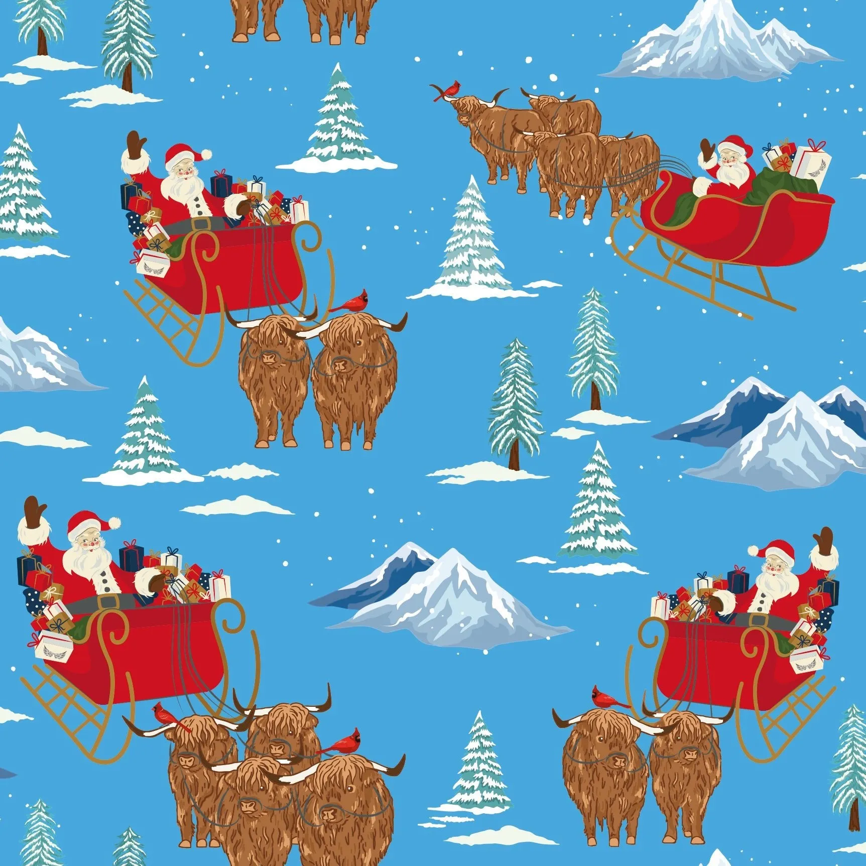 Santa & Highland Cattle Sleighs Long Sleeve Pajama Set (12M-12Y)