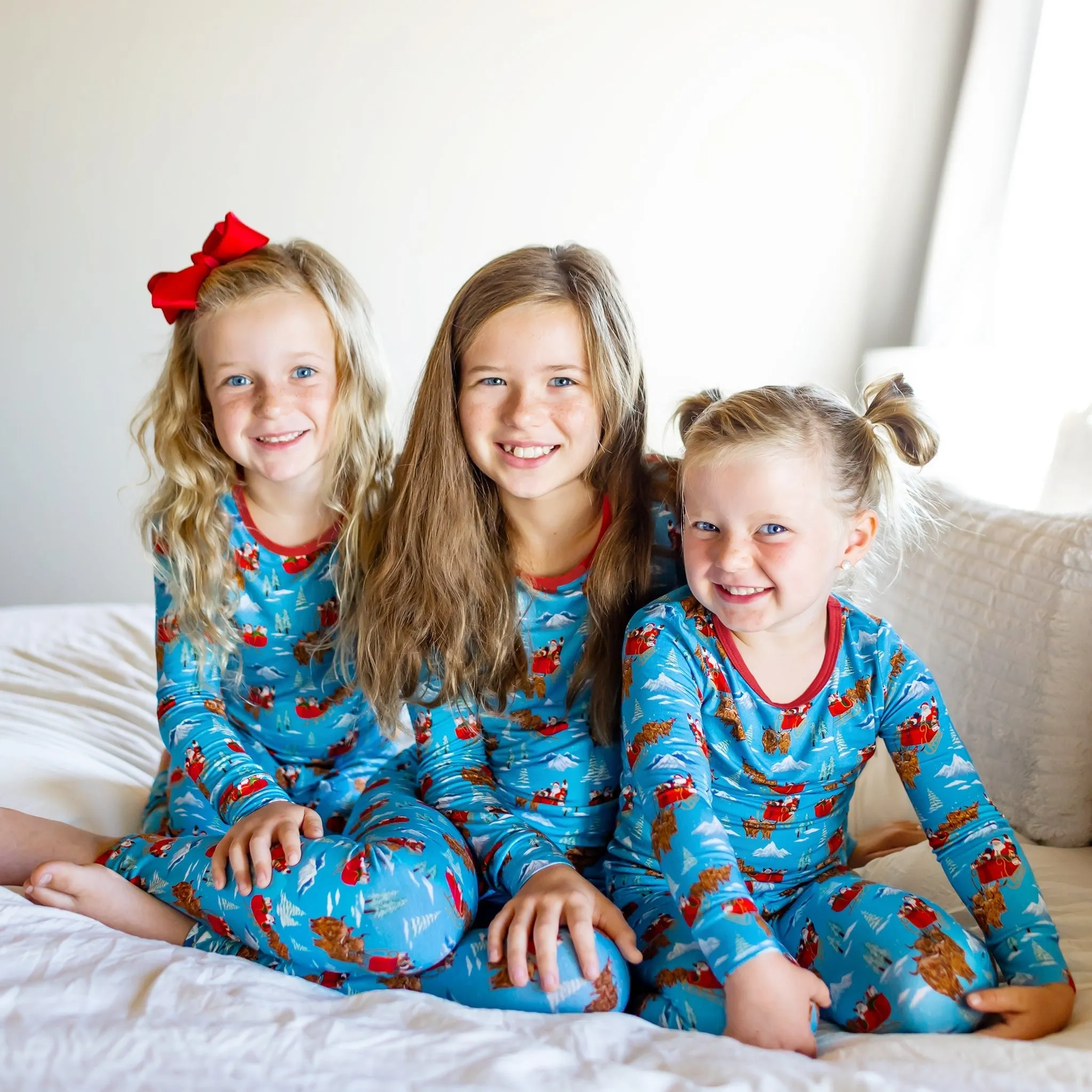 Santa & Highland Cattle Sleighs Long Sleeve Pajama Set (12M-12Y)