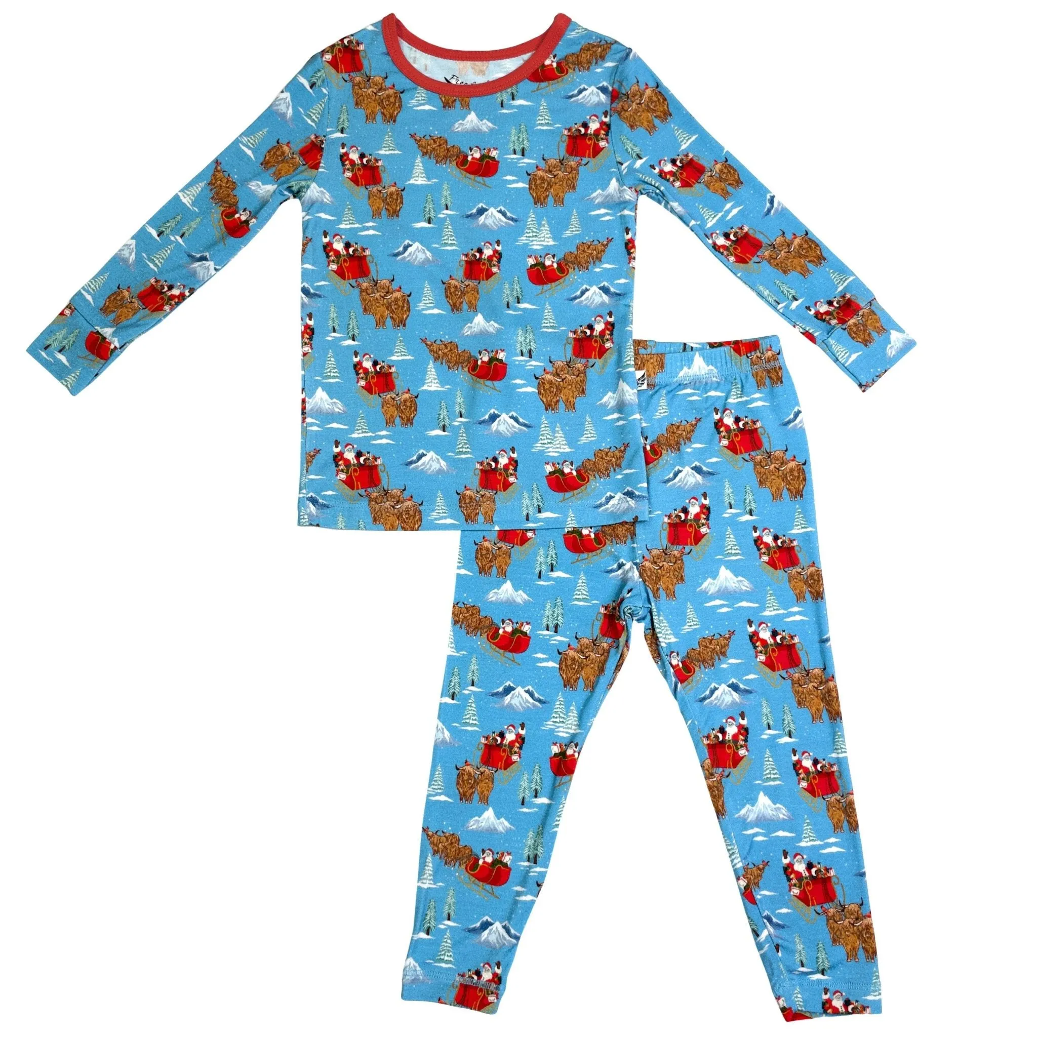 Santa & Highland Cattle Sleighs Long Sleeve Pajama Set (12M-12Y)