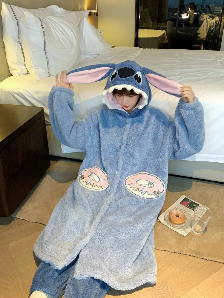 Stitch Cartoon Couple Pajamas  Women's Winter Coral Fleece Nightgown Set