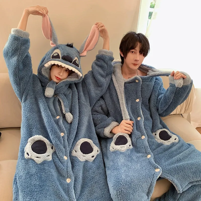 Stitch Cartoon Couple Pajamas  Women's Winter Coral Fleece Nightgown Set