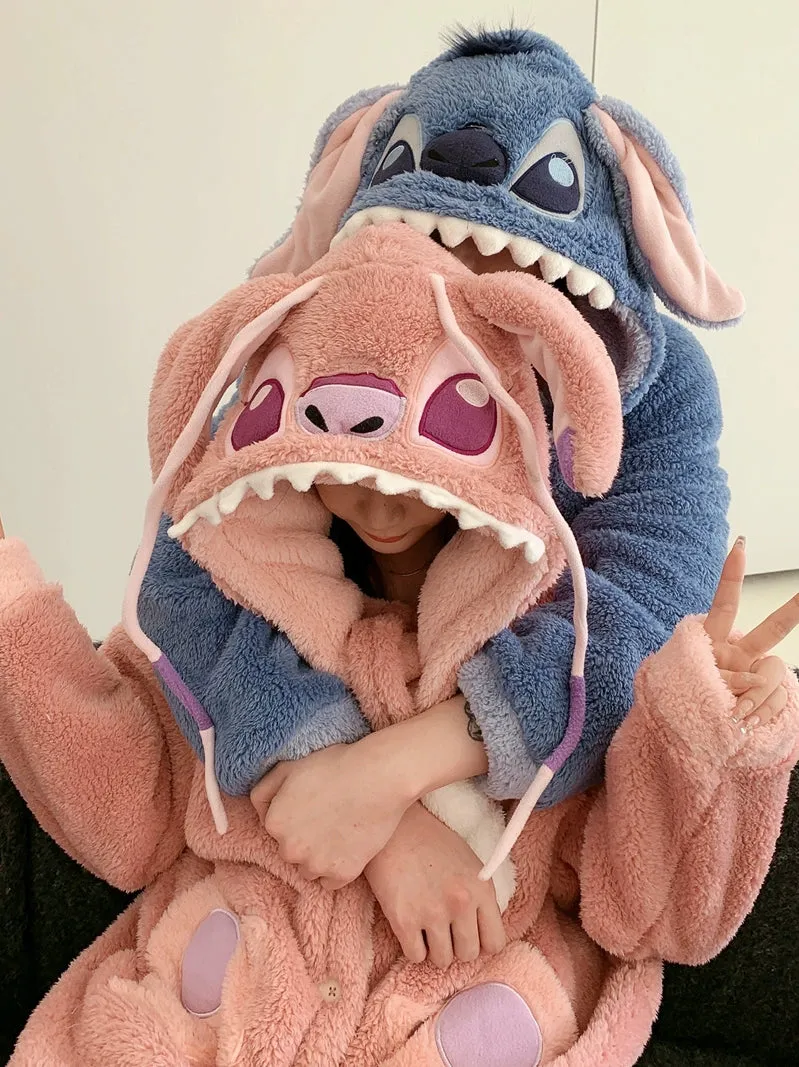 Stitch Cartoon Couple Pajamas  Women's Winter Coral Fleece Nightgown Set