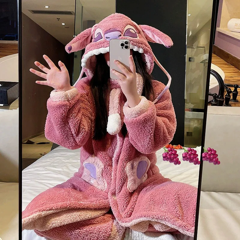 Stitch Cartoon Couple Pajamas  Women's Winter Coral Fleece Nightgown Set