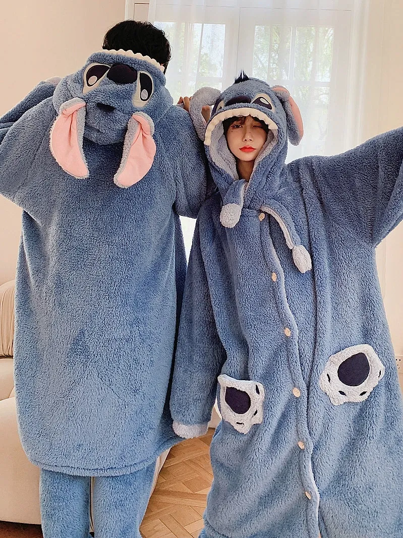 Stitch Cartoon Couple Pajamas  Women's Winter Coral Fleece Nightgown Set