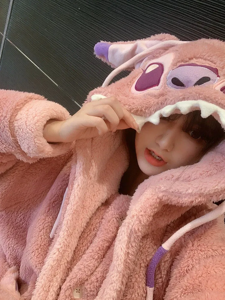 Stitch Cartoon Couple Pajamas  Women's Winter Coral Fleece Nightgown Set