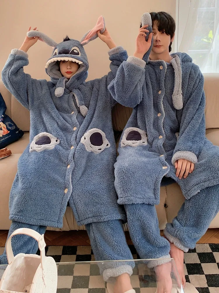 Stitch Cartoon Couple Pajamas  Women's Winter Coral Fleece Nightgown Set