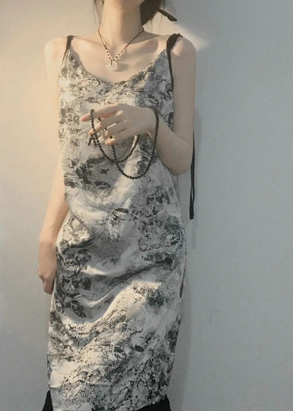 Vintage V Neck Print Ice Silk Pajamas Robe And Slip Dress Two Piece Set Summer