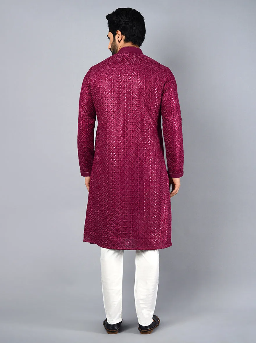 Wine Embroidered Regular Fit Kurta Pajama | Azania